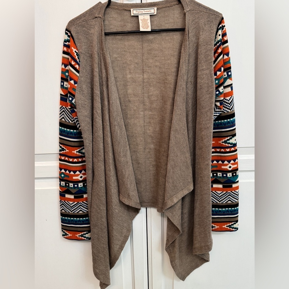 Flying Tomato Tan Cardigan with Tribal Multicolor Sleeves Size L